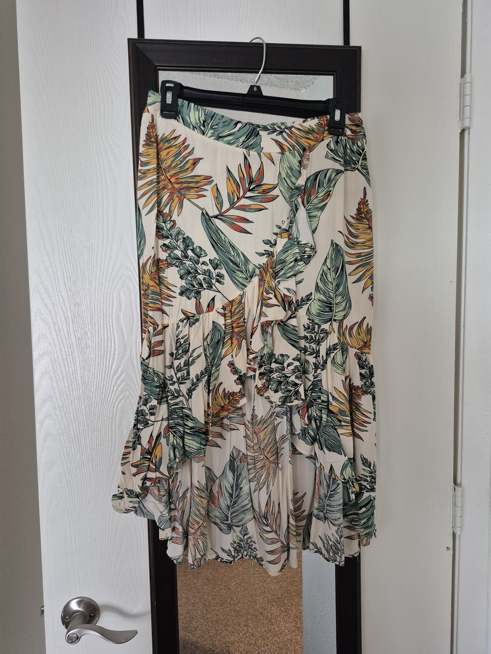 Cream Tropical High-Low Midi Skirt with Green & Orange Leaf Print